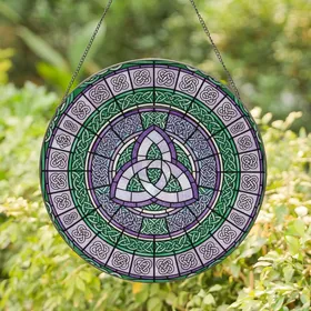 Celtic Art Lovers' Vibrant Purple Emerald Green Stained Glass Triquetra Knot Mosaic Stained Glass Suncatcher