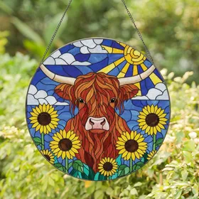 Nature Lovers' Vibrant Tiffany Stained Glass Highland Cow Sunflowers Mosaic Stained Glass Suncatcher