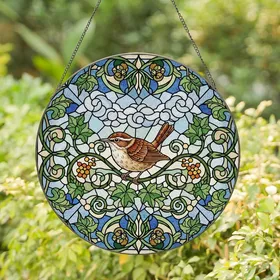 Nature Lovers' Detailed Tiffany Stained Glass Wren Bird Emerald Ivy Amber Berry Mosaic Stained Glass Suncatcher