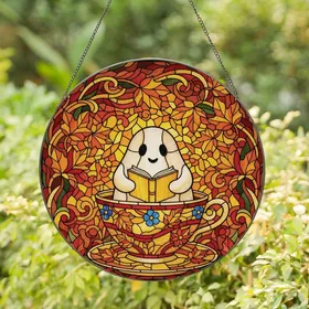Whimsical Fall Art Lover's Vibrant Tiffany Glass Cute Ghost Teacup Reading Autumn Leaf Mosaic Stained Glass Suncatcher