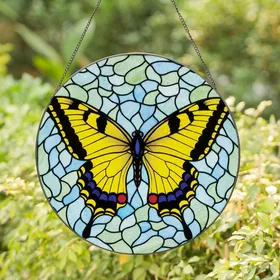 Women's Vibrant Tiffany Stained Glass Yellow Swallowtail Butterfly Intricate Blue Red Mosaic Stained Glass Suncatcher