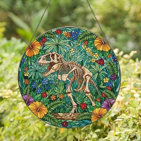 Prehistoric Art Fans' Vibrant Stained Glass T-Rex Jungle Hibiscus Tapestry Stained Glass Suncatcher