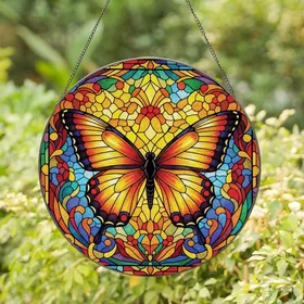Art Lovers' Opulent Stained Glass Butterfly, Vibrant Jewel Tone Floral Mosaic Sky Pattern Stained Glass Suncatcher