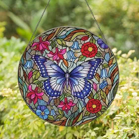 Art Lovers' Tiffany Style Iridescent Butterfly Stained Glass Floral Mosaic Jewel Tones & Black Lines Stained Glass Suncatcher
