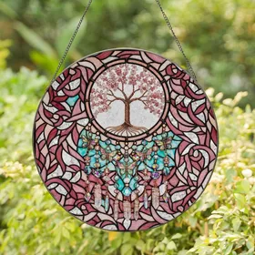 Art Lovers' Tiffany Glass Tree of Life with Rose Pink Gemstone Foliage & Iridescent Beads Stained Glass Suncatcher