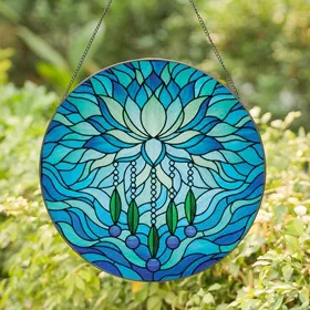 Nature & Art Lovers' Vibrant Tiffany Stained Glass Lotus Aquatic Mosaic Teal Blue Green Stained Glass Suncatcher