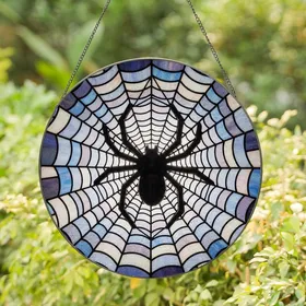 Art Lovers' Tiffany Style Stained Glass Glossy Black Spiderweb Jewel Tone Mosaic Stained Glass Suncatcher