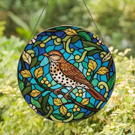 Nature Lovers' Tiffany Stained Glass Speckled Thrush Bird Amber Brown Golden Yellow Jewel Tone Mosaic Art Stained Glass Suncatcher