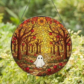 Autumn Enthusiasts' Vibrant Stained Glass Orchard with Whimsical Ghost & Fall Jewel Tones Stained Glass Suncatcher