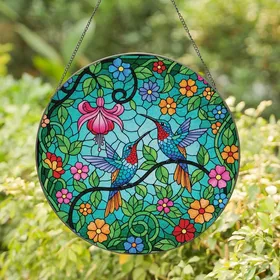 Nature Lovers' Vibrant Tiffany Stained Glass Hummingbird Fuchsia Jewel Tone Mosaic Stained Glass Suncatcher