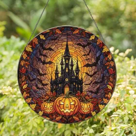 Gothic Art Fans' Stained Glass Haunted Castle, Jack-O'-Lanterns, Bats, Autumn Foliage & Amber Jewel Tones Stained Glass Suncatcher
