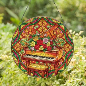 Music Lovers' Intricate Stained Glass Grand Piano Roses Jewel Tone Mosaic Stained Glass Suncatcher