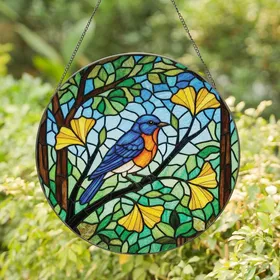 Nature Lovers' Vibrant Tiffany Stained Glass Bluebird Ginkgo Mosaic Art Stained Glass Suncatcher