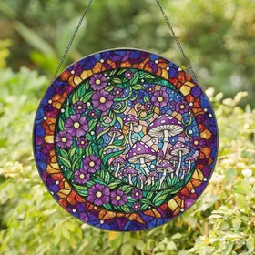 Fantasy Art Lovers' Intricate Tiffany Stained Glass Crescent Moon Celestial Flora Fungi Design Stained Glass Suncatcher