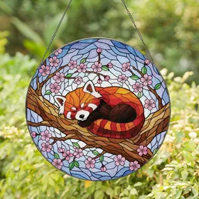 Red Panda Fans' Intricate Tiffany Style Stained Glass Cherry Blossom Pattern Stained Glass Suncatcher