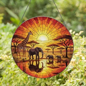 Wildlife Enthusiasts' Tiffany Stained Glass Savanna Sunset Giraffe Elephant Mosaic Stained Glass Suncatcher