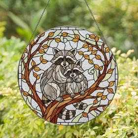 Raccoon Lovers' Tiffany Stained Glass Embracing Raccoons Tree Mosaic Amber Grey Jewel Tones Stained Glass Suncatcher