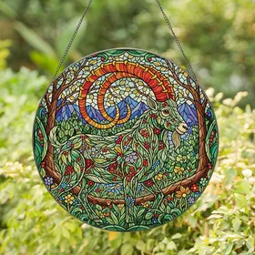 Nature Lovers' Majestic Stained Glass Mountain Goat Ibex Floral Emerald Ruby Gold Botanical Forest Mosaic Art Stained Glass Suncatcher