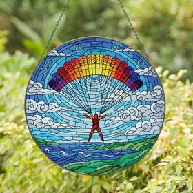 Adventure Seekers' Vivid Stained Glass Skydiver Rainbow Parachute Intricate Jewel Tone Mosaic Stained Glass Suncatcher