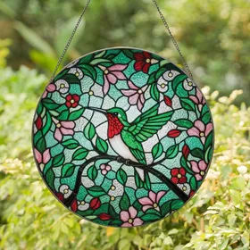 Nature Lovers' Intricate Stained Glass Hummingbird Tiffany Style Jewel Tone Garden Mosaic Pattern Stained Glass Suncatcher