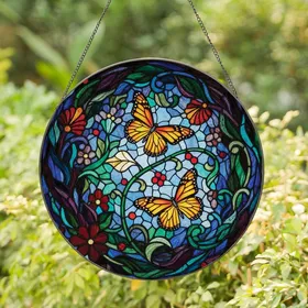 Women's Vibrant Tiffany Style Stained Glass Monarch Butterfly Mosaic Jewel Tones Orange Yellow Red Stained Glass Suncatcher
