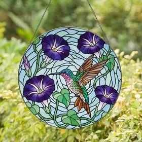 Nature Lovers' Vibrant Hummingbird Stained Glass Floral Mosaic Purple Green Blue Stained Glass Suncatcher