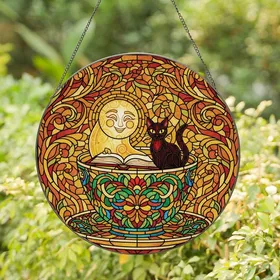 Whimsical Art Lovers' Intricate Tiffany Style Stained Glass Spirit Cat Teacup Amber Ruby Emerald Stained Glass Suncatcher