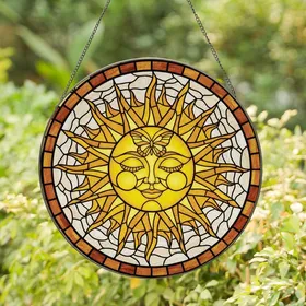 Art Lovers' Serene Tiffany Stained Glass Sun Face, Butterfly Motif, Golden Amber Rays, Intricate Mosaic Stained Glass Suncatcher