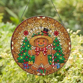 Holiday Enthusiasts' Cheerful Gingerbread Man Tiffany Stained Glass Festive Christmas Scene Straw Hat Jewel Tones Stained Glass Suncatcher