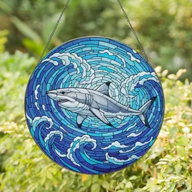 Ocean Enthusiasts' Intricate Stained Glass Shark, Ocean Mosaic Artwork with Tiffany Jewel Tones Stained Glass Suncatcher