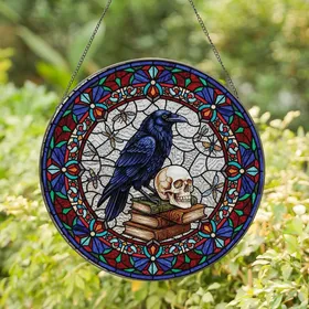 Dark Academia Enthusiasts Intricate Tiffany Stained Glass Raven, Skull, Books, Amber & Red Jewel Tones Mosaic Stained Glass Suncatcher
