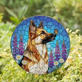 Dog Lovers' Vibrant Stained Glass German Shepherd Butterfly Wildflower Tiffany Mosaic Jewel Tones Stained Glass Suncatcher