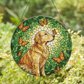 Golden Retriever Lovers Tiffany Stained Glass Golden Retriever Butterfly Amber Green Foliage Mosaic Stained Glass Suncatcher