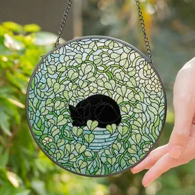 Cat Lovers' Tiffany Style Sleeping Black Cat, Lush Emerald Heart Leaves, Teal Planter & Sunlit Aqua Mosaic Stained Glass Suncatcher