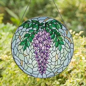 Art Lovers' Glowing Tiffany Stained Glass Wisteria Lavender Emerald Floral Mosaic Stained Glass Suncatcher