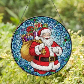 Holiday Enthusiasts' Stained Glass Santa Gold Gift Sack Jewel Tone Mosaic Art Stained Glass Suncatcher