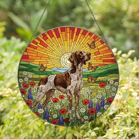 German Shorthaired Pointer Lovers' Stained Glass Dog, Monarchs & Wildflowers, Jewel Tones, Sunburst Mosaic Art Stained Glass Suncatcher