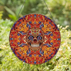 Unique Aesthetic Seekers' Tiffany Stained Glass Skull Floral Mandala Jewel-Tone Mosaic Stained Glass Suncatcher