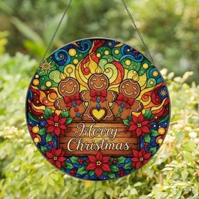 Christmas Festivity Fans Stained Glass Gingerbread Trio Poinsettia Holly Mosaic Jewel Tones Stained Glass Suncatcher