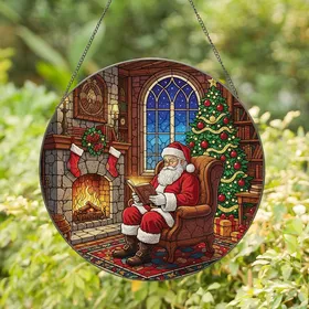 Christmas Lovers' Radiant Stained Glass Santa Reading Cozy Fireplace Tree Jewel Tones Stained Glass Suncatcher