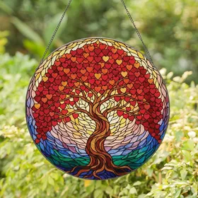 Art Lovers' Intricate Stained Glass Tree of Life Tiffany Style Heart Leaves Jewel Tone Reds Purples Stained Glass Suncatcher