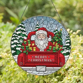 Christmas Lovers' Vibrant Tiffany Stained Glass Santa Red Truck Christmas Gifts Winter Wonderland Stained Glass Suncatcher