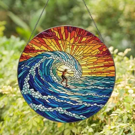 Ocean Lovers' Detailed Stained Glass Surfer Ocean Wave Sunset Art in Jewel Tones Stained Glass Suncatcher