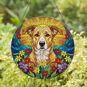 Dog Lovers' Intricate Tiffany Stained Glass Floppy-Eared Dog Floral Mosaic Golden Sun Blue Teal Jewel Tones Stained Glass Suncatcher
