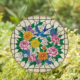 Art Lovers' Tiffany Style Stained Glass Blue Swallow & Vibrant Peony Dahlia Floral Mosaic Stained Glass Suncatcher