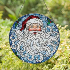 Christmas Art Collectors' Jolly Santa Claus Stained Glass Tiffany Style Ruby Red Sapphire Blue Edge-to-Edge Mosaic Stained Glass Suncatcher