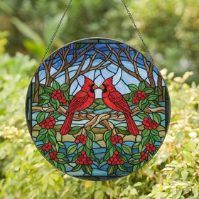 Nature Lovers' Intricate Tiffany Style Stained Glass Cardinals Ruby Red Emerald Green Mosaic Art Stained Glass Suncatcher