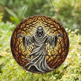 Dark Art Aficionados' Tiffany-Style Skeletal Ghost Amber Sienna Grey Gnarled Forest Stained Glass Mosaic Stained Glass Suncatcher