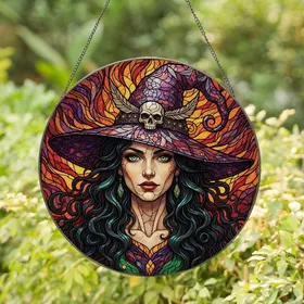 Fantasy Art Lovers' Edge-to-Edge Stained Glass Witch Emerald Green Purple Amber Ornate Skull Hat Design Stained Glass Suncatcher