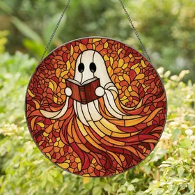 Book Lovers' Intricate Stained Glass Spectral Ghost Reading Autumnal Mosaic Stained Glass Suncatcher